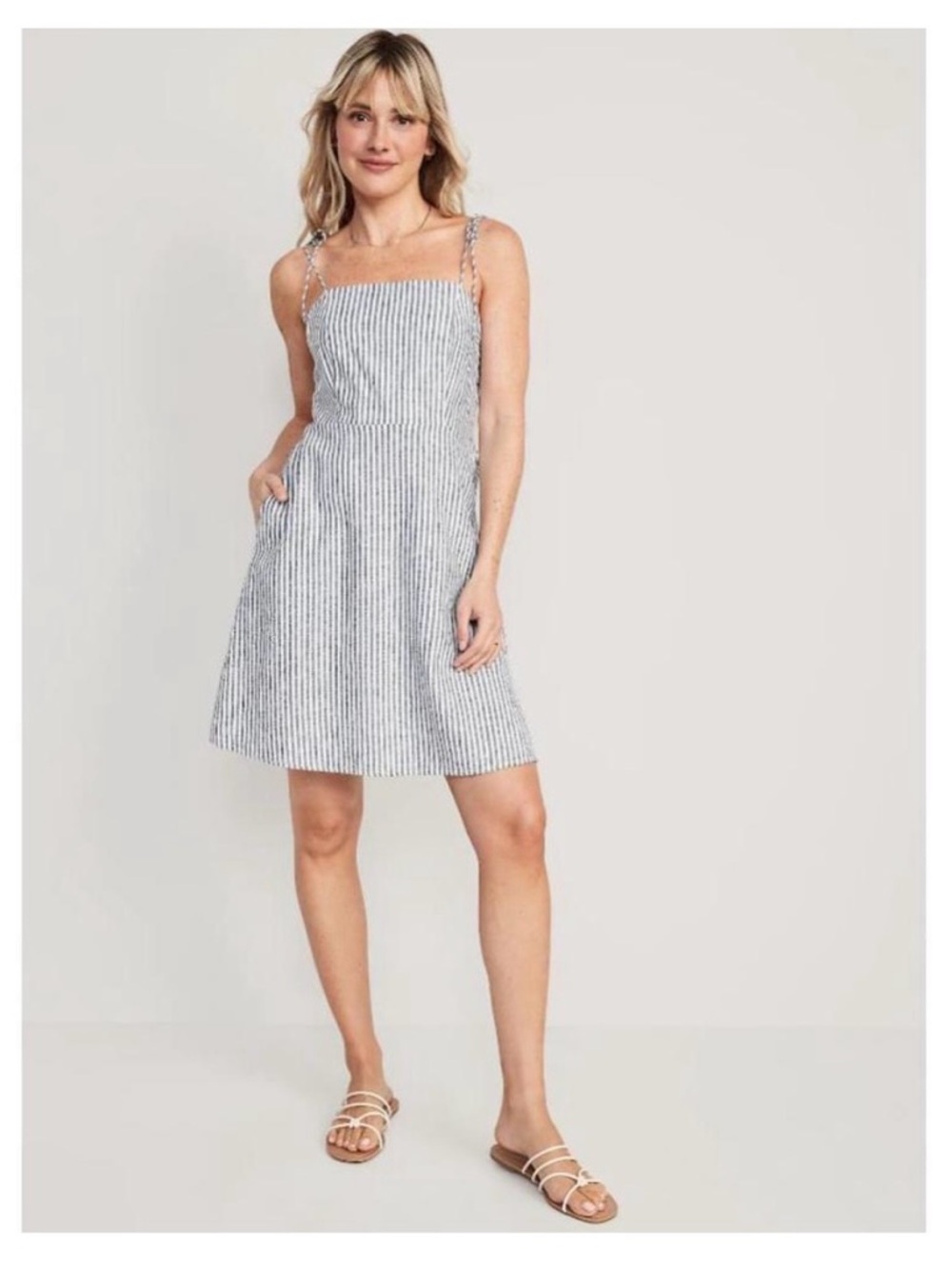 💙Old Navy Fit & Flare Blue & White Striped Linen Blend Mini Dress US S
